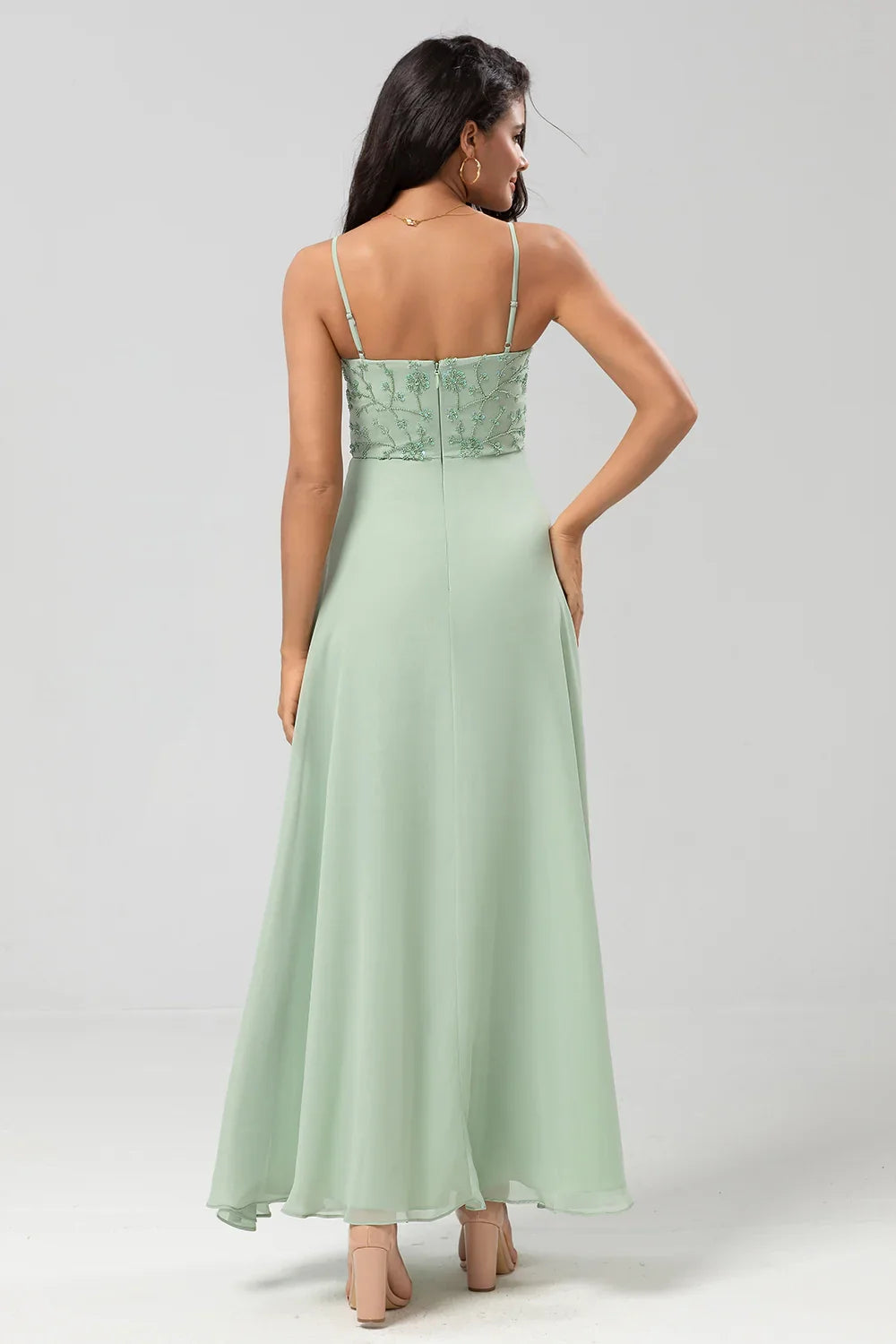 OKBBN elegant and charming decal A-line thin shoulder strap embroidered chiffon Bridesmaid Dresses