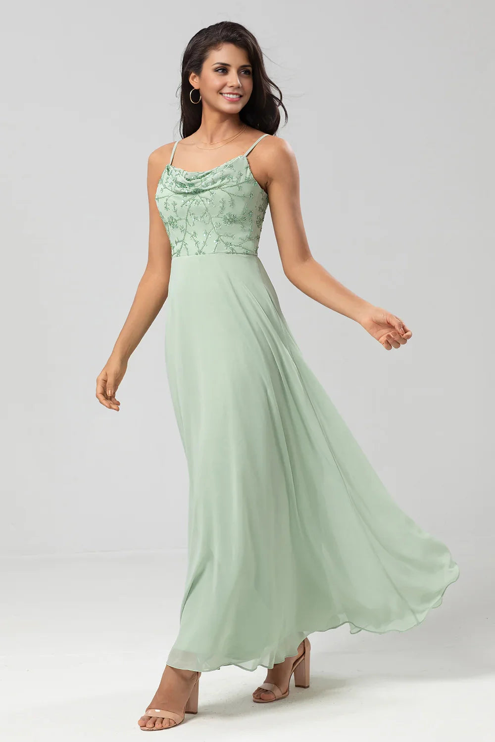 OKBBN elegant and charming decal A-line thin shoulder strap embroidered chiffon Bridesmaid Dresses