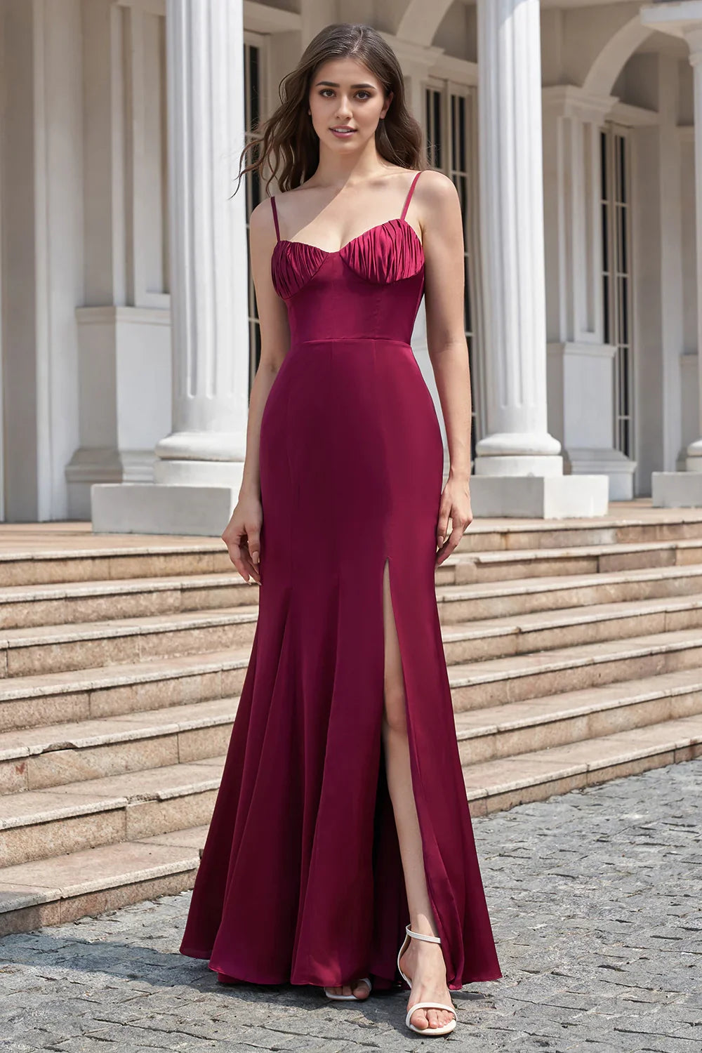 OKBBN elegant and charming mermaid slim shoulder strap sleeveless slit Bridesmaid Dresses