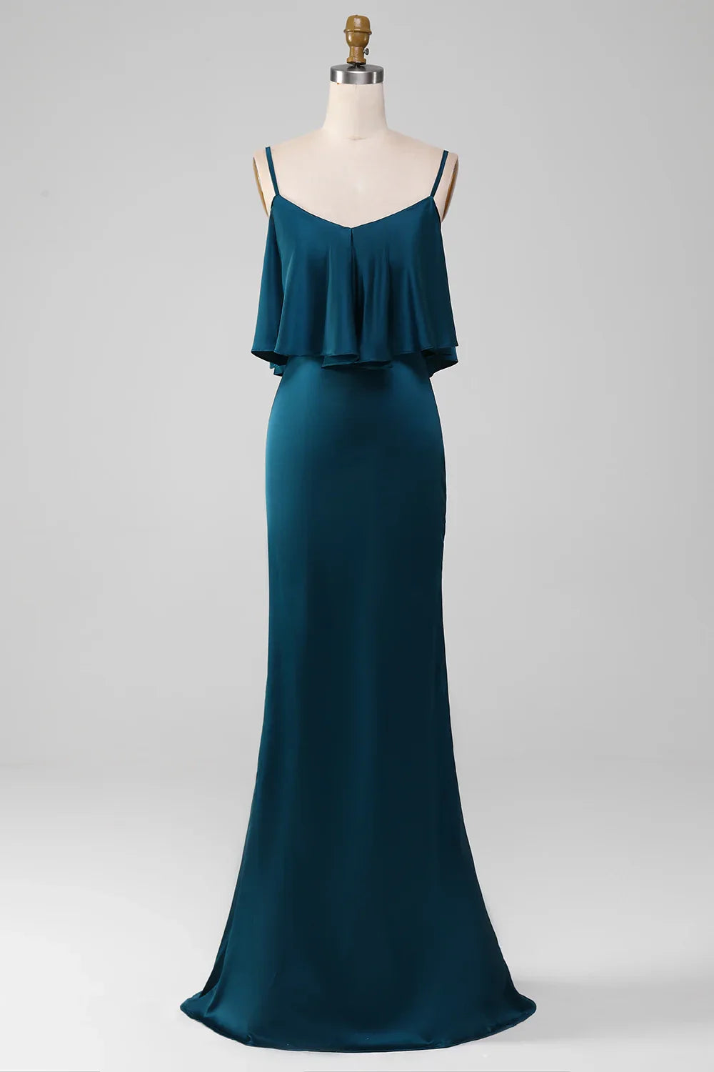 OKBBN elegant and chic slim shoulder strap long satin pleated Bridesmaid Dresses