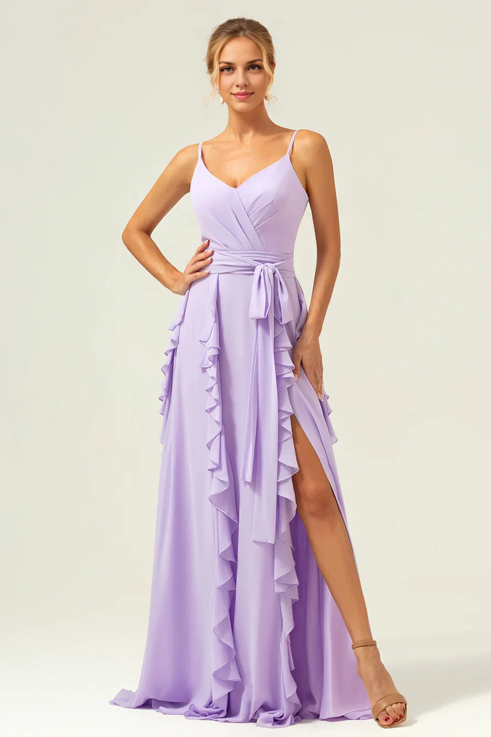 OKBBN elegant and fashionable A-line thin shoulder strap chiffon long ruffle edge slit Bridesmaid Dresses