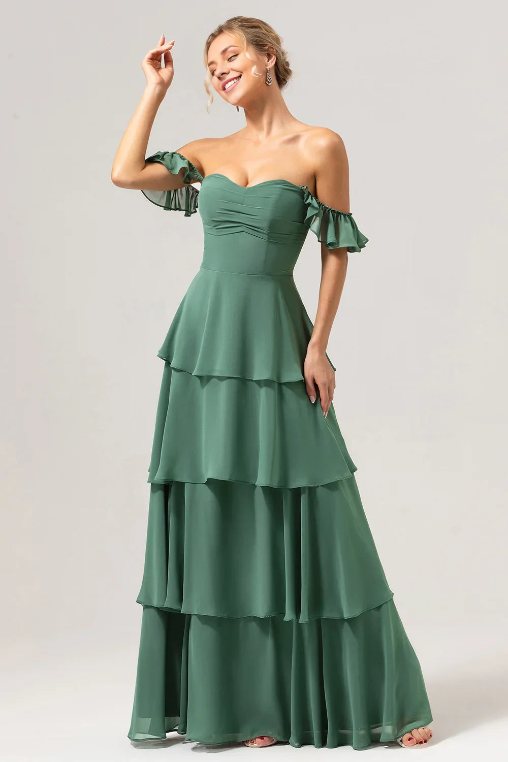 OKBBN elegant and flowing A-line off shoulder layered long Bridesmaid Dresses