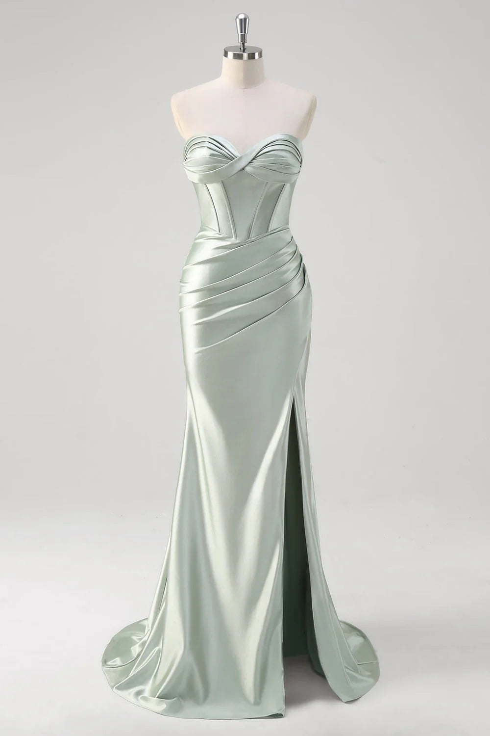 OKBBN elegant mermaid off shoulder pleated satin corset long slit Bridesmaid Dresses