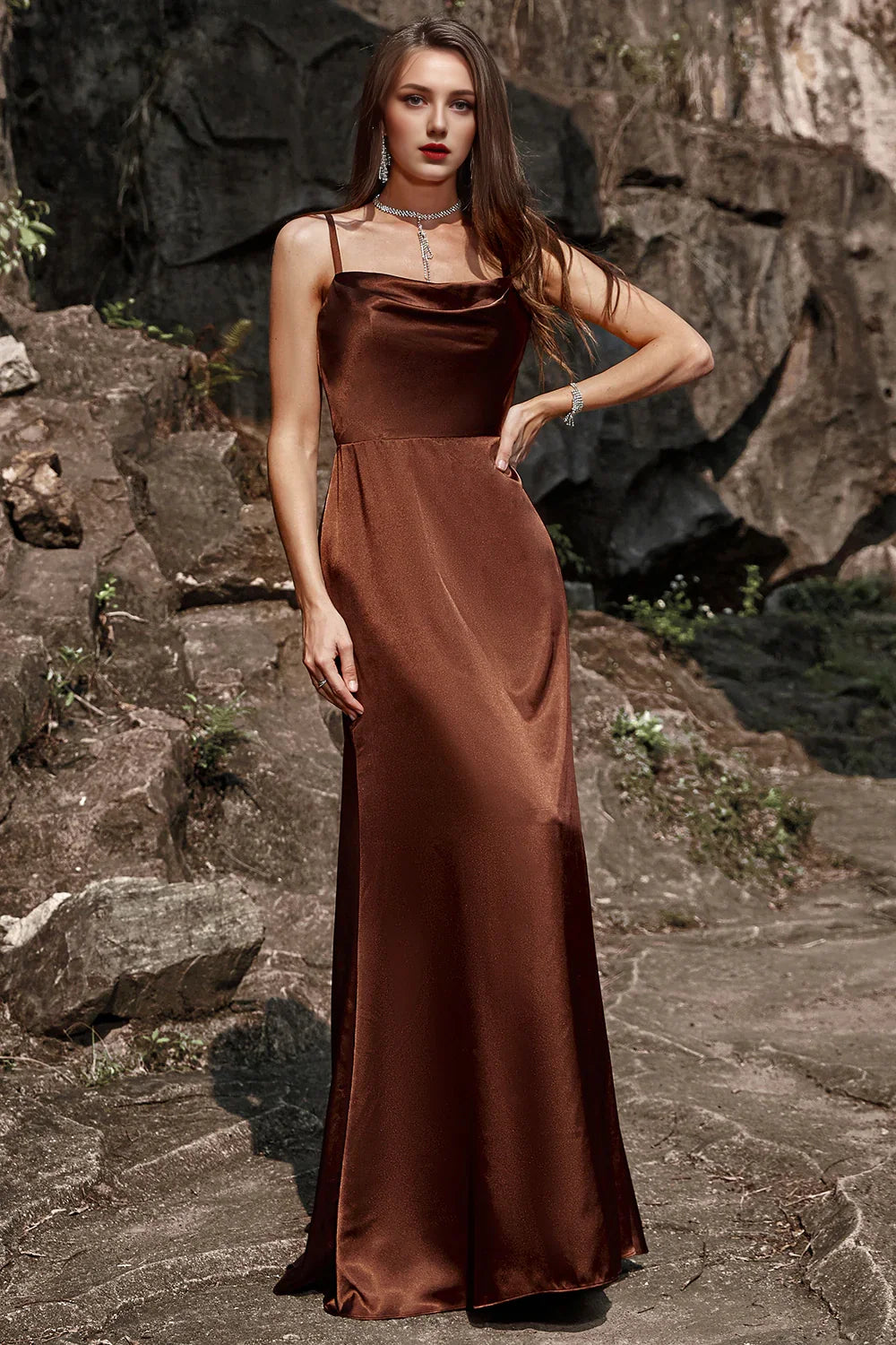 OKBBN elegant mermaid slim shoulder straps and floor satin sleeveless Bridesmaid Dresses