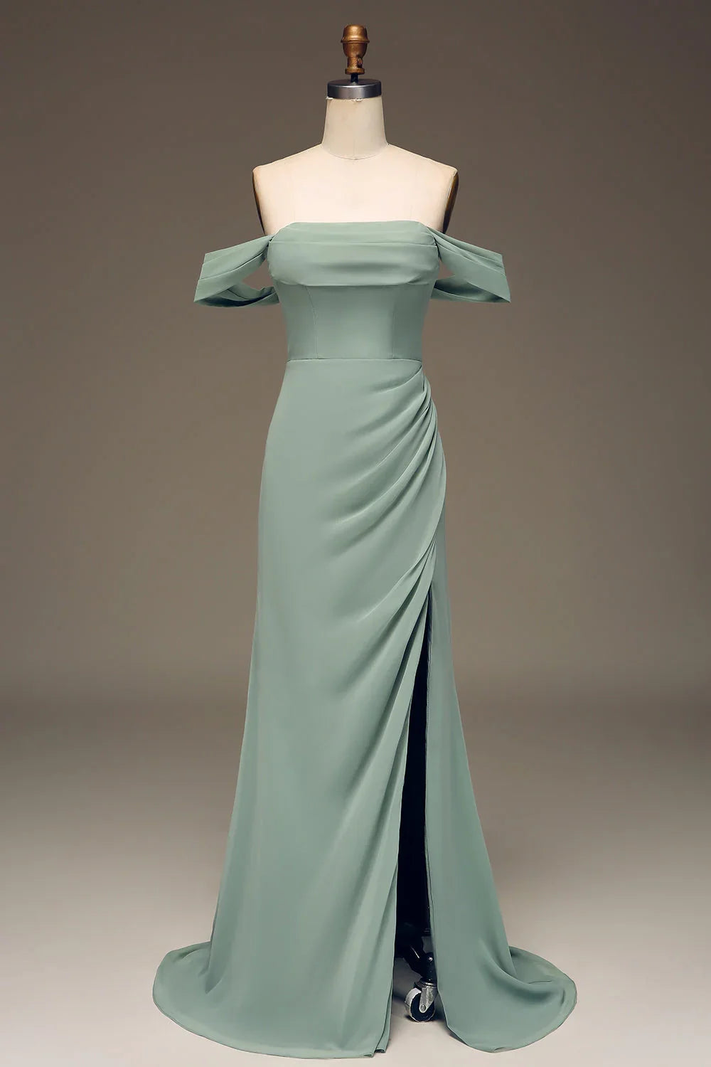 OKBBN elegant slim fit off shoulder pleated long chiffon slit Bridesmaid Dresses