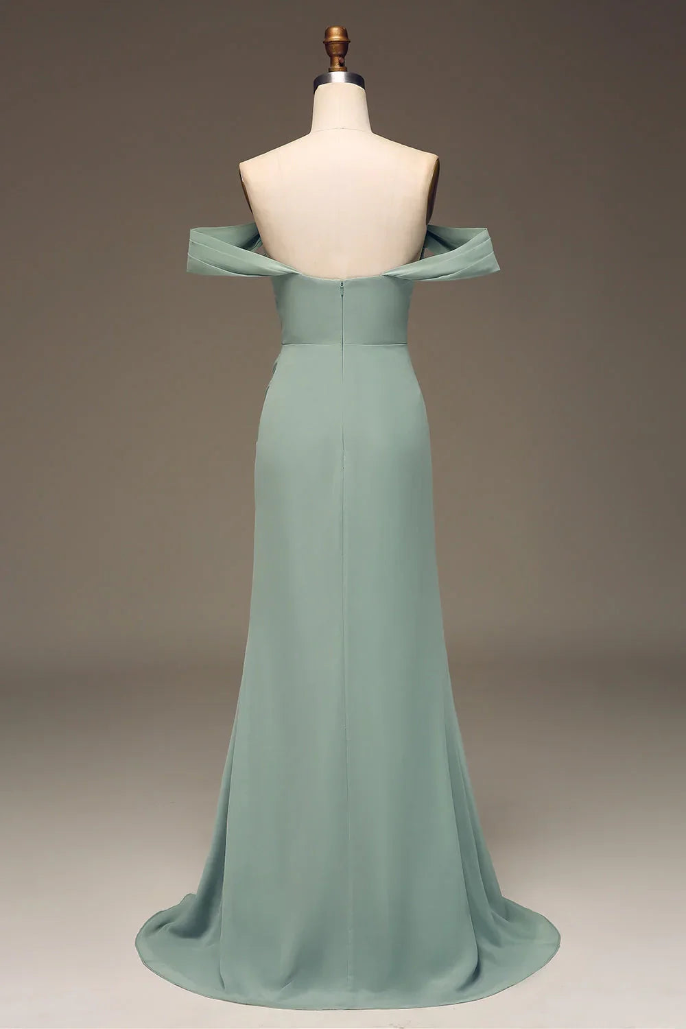 OKBBN elegant slim fit off shoulder pleated long chiffon slit Bridesmaid Dresses