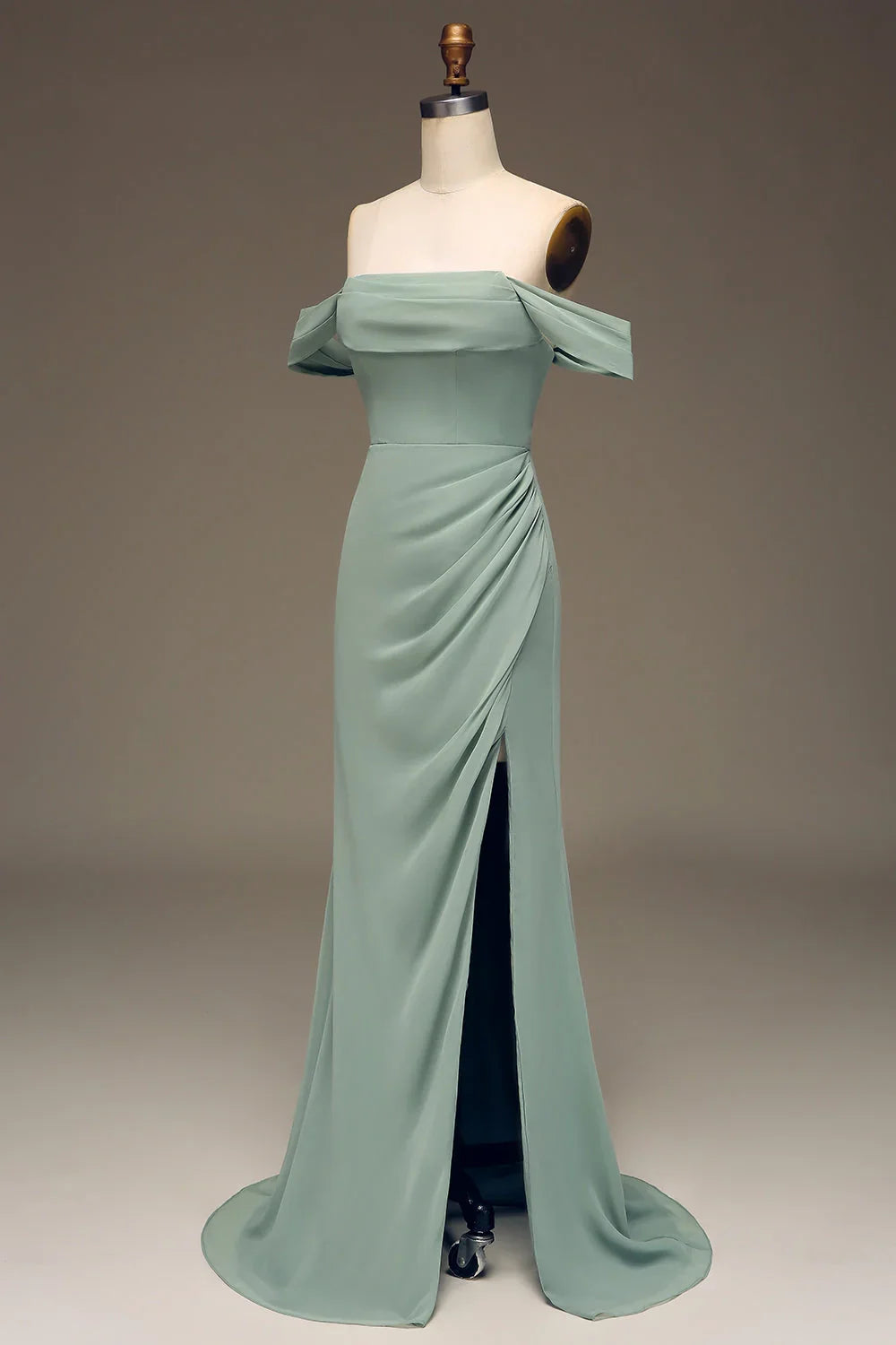 OKBBN elegant slim fit off shoulder pleated long chiffon slit Bridesmaid Dresses