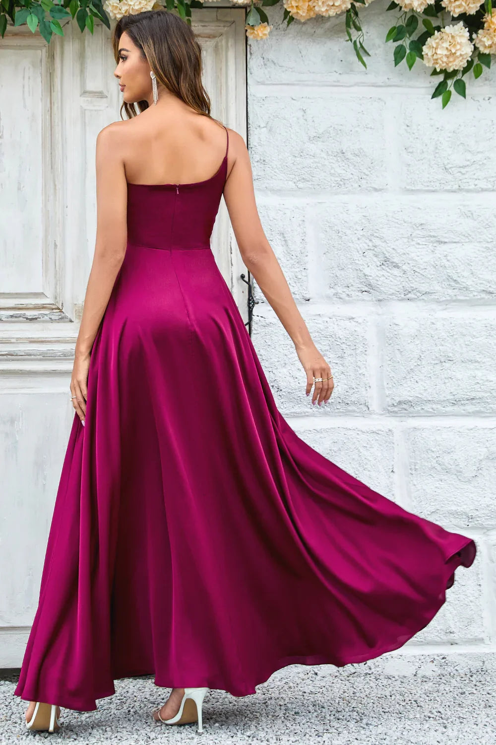OKBBN elegant slim shoulder strap A-line single shoulder and floor satin Bridesmaid Dresses