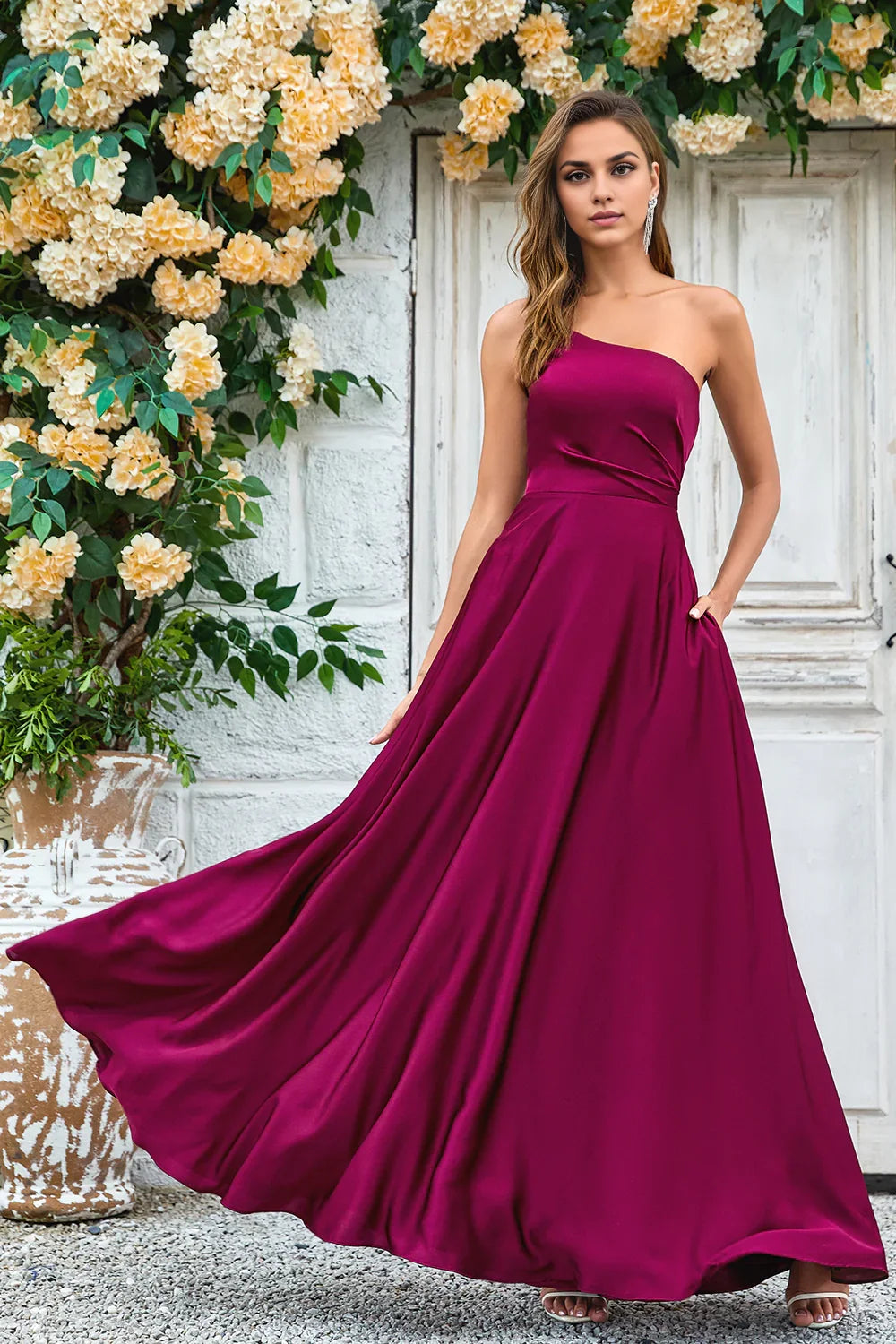 OKBBN elegant slim shoulder strap A-line single shoulder and floor satin Bridesmaid Dresses