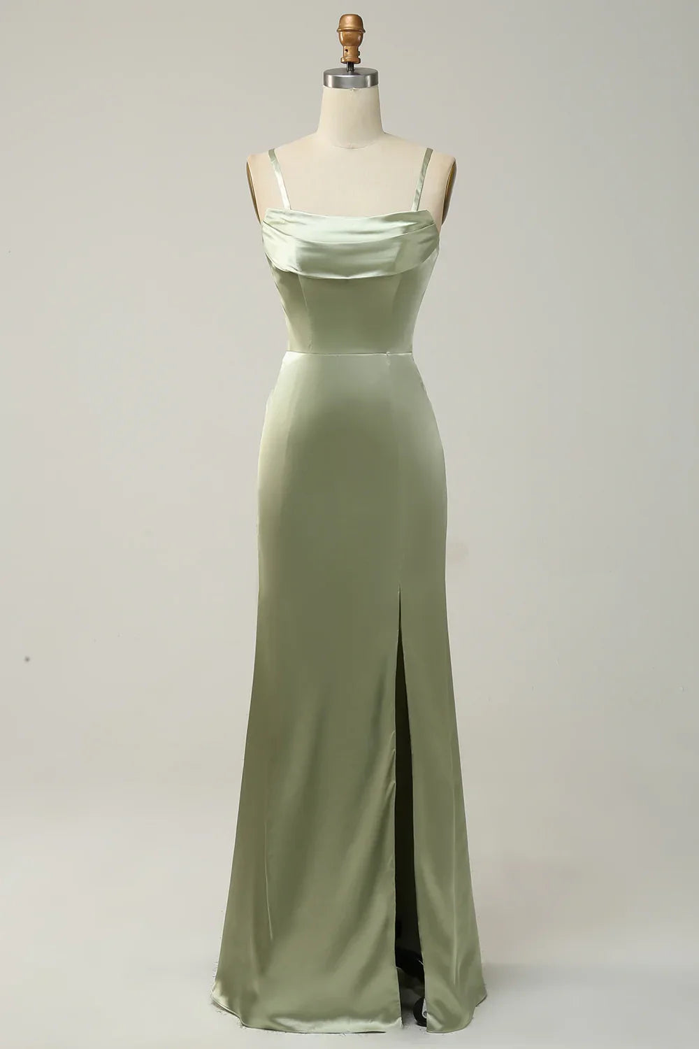 OKBBN elegant straight shoulder satin and floor slit Bridesmaid Dresses