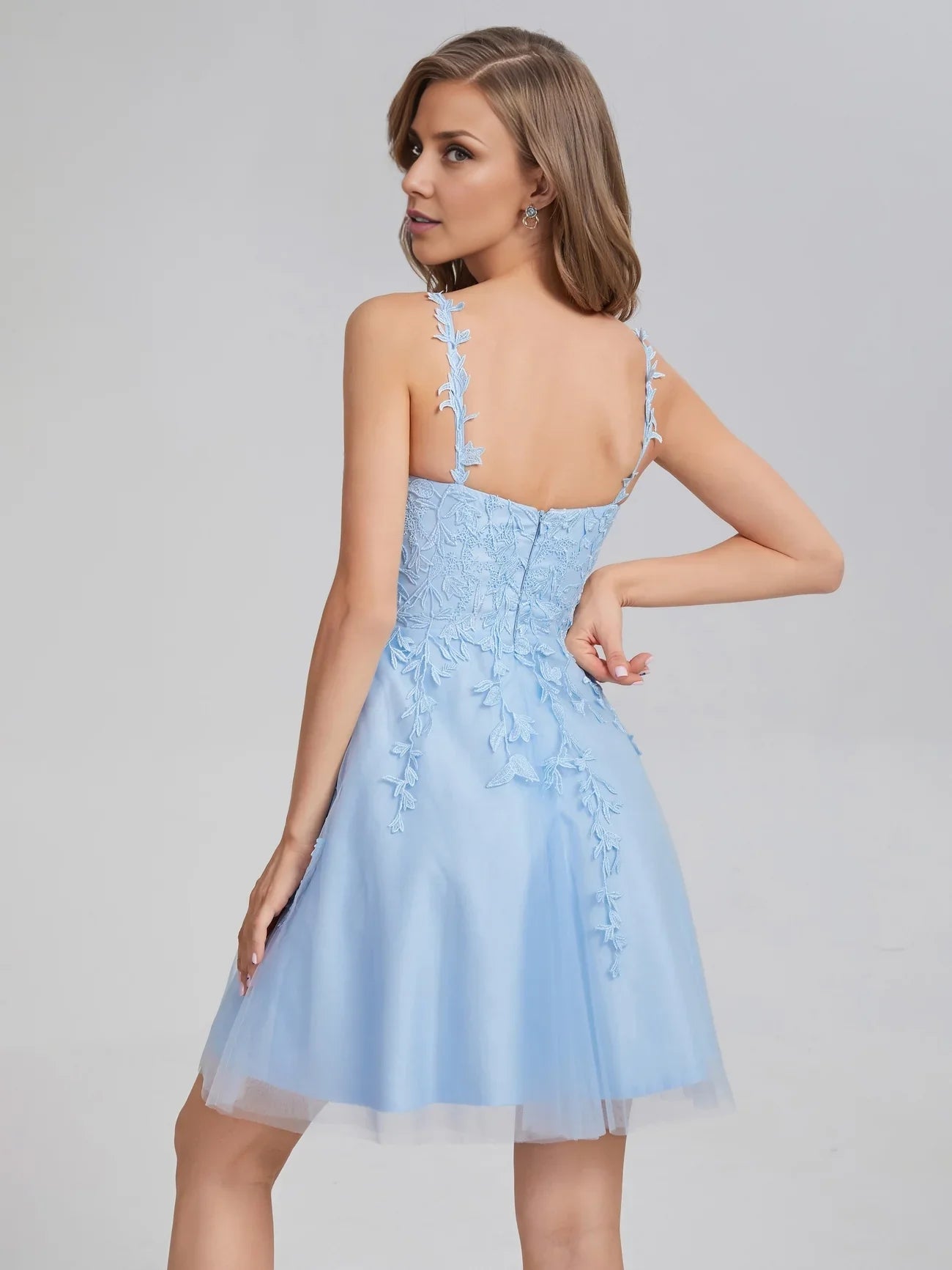 OKBBN elegant thin shoulder straps lace decal sheer sleeveless knee length Homecoming Dresses