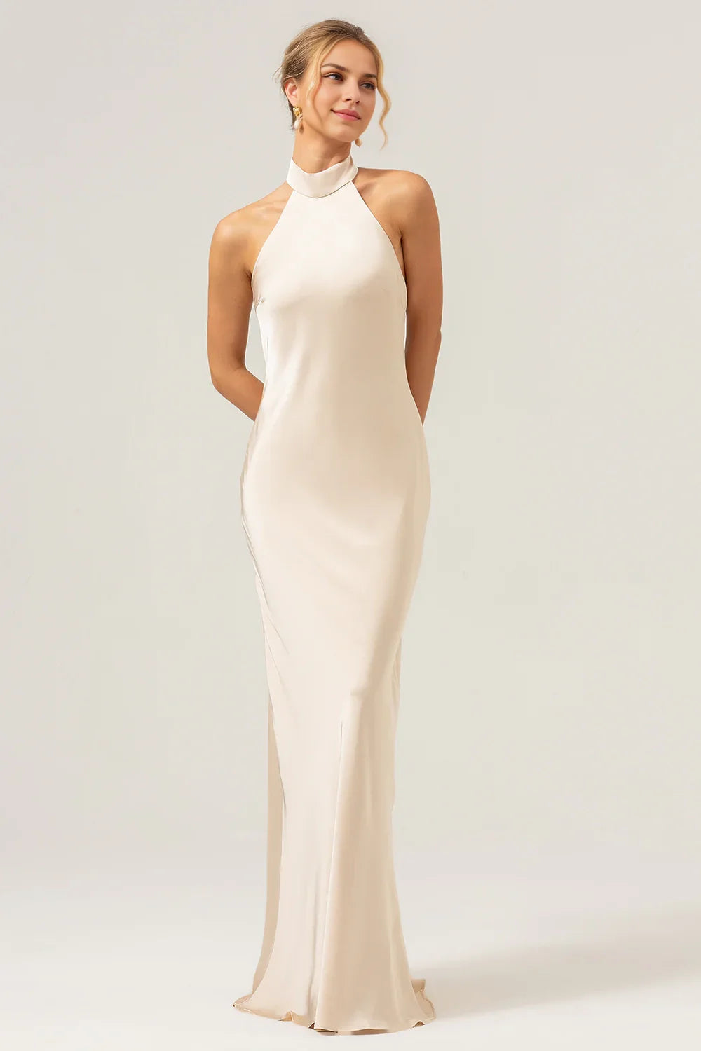 OKBBN elegant tight backless long satin slit Bridesmaid Dresses