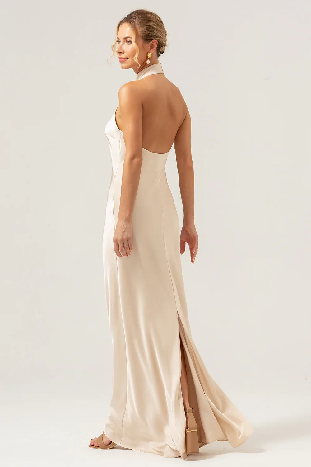 OKBBN elegant tight backless long satin slit Bridesmaid Dresses