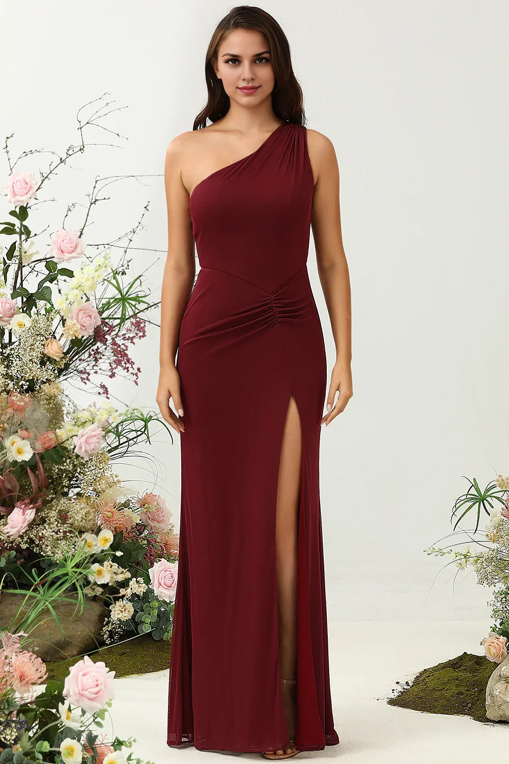 OKBBN enchanting mermaid one shoulder slit chiffon Bridesmaid Dresses