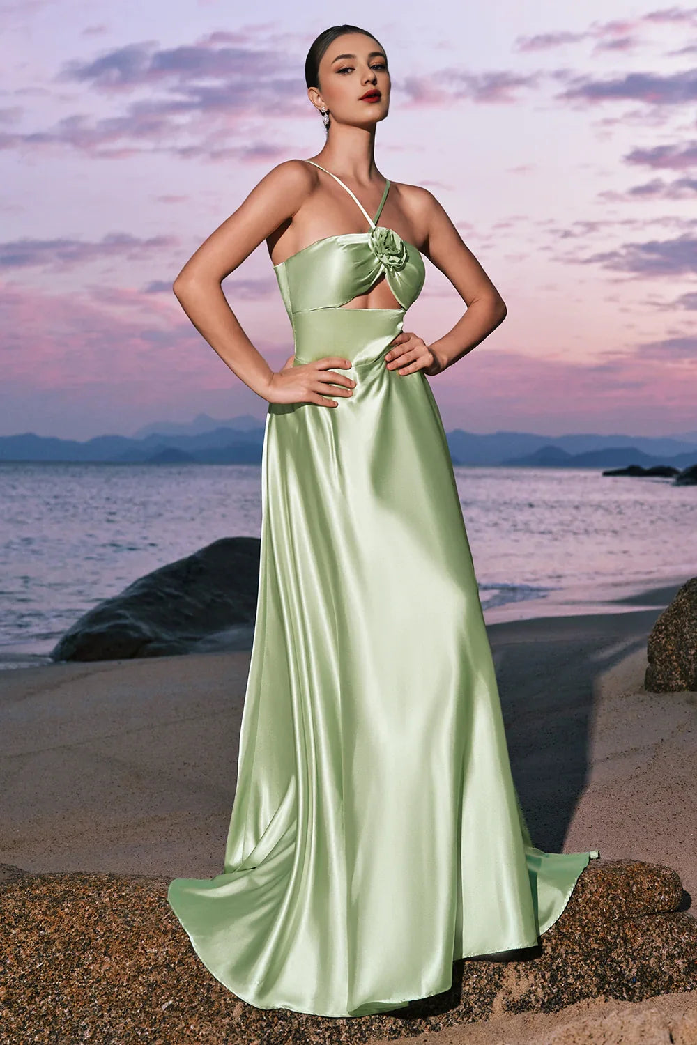 OKBBN fashion A-line backless satin hollow out long Bridesmaid Dresses