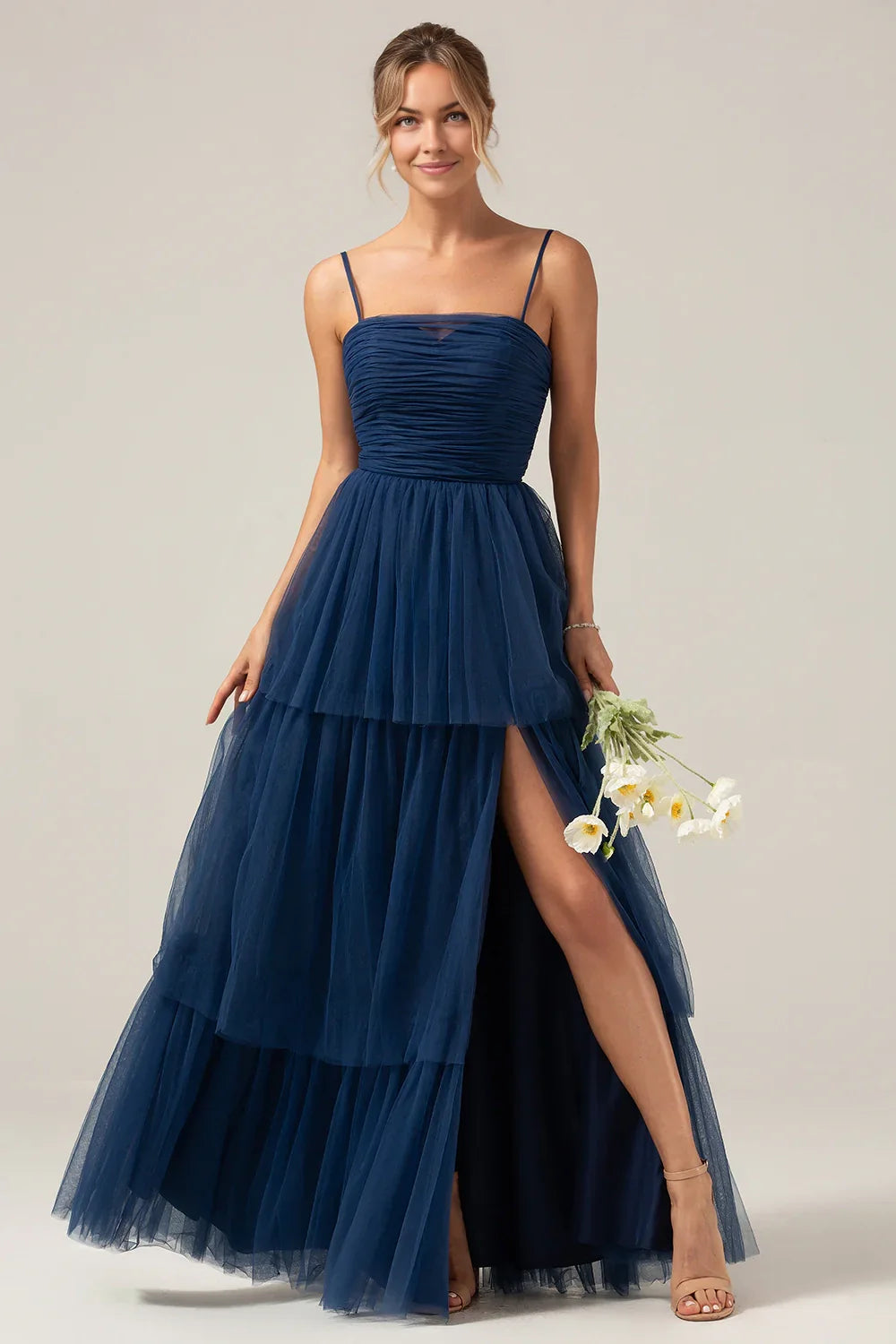 OKBBN fashion A-line thin shoulder strap sheer pleated long slit Bridesmaid Dresses