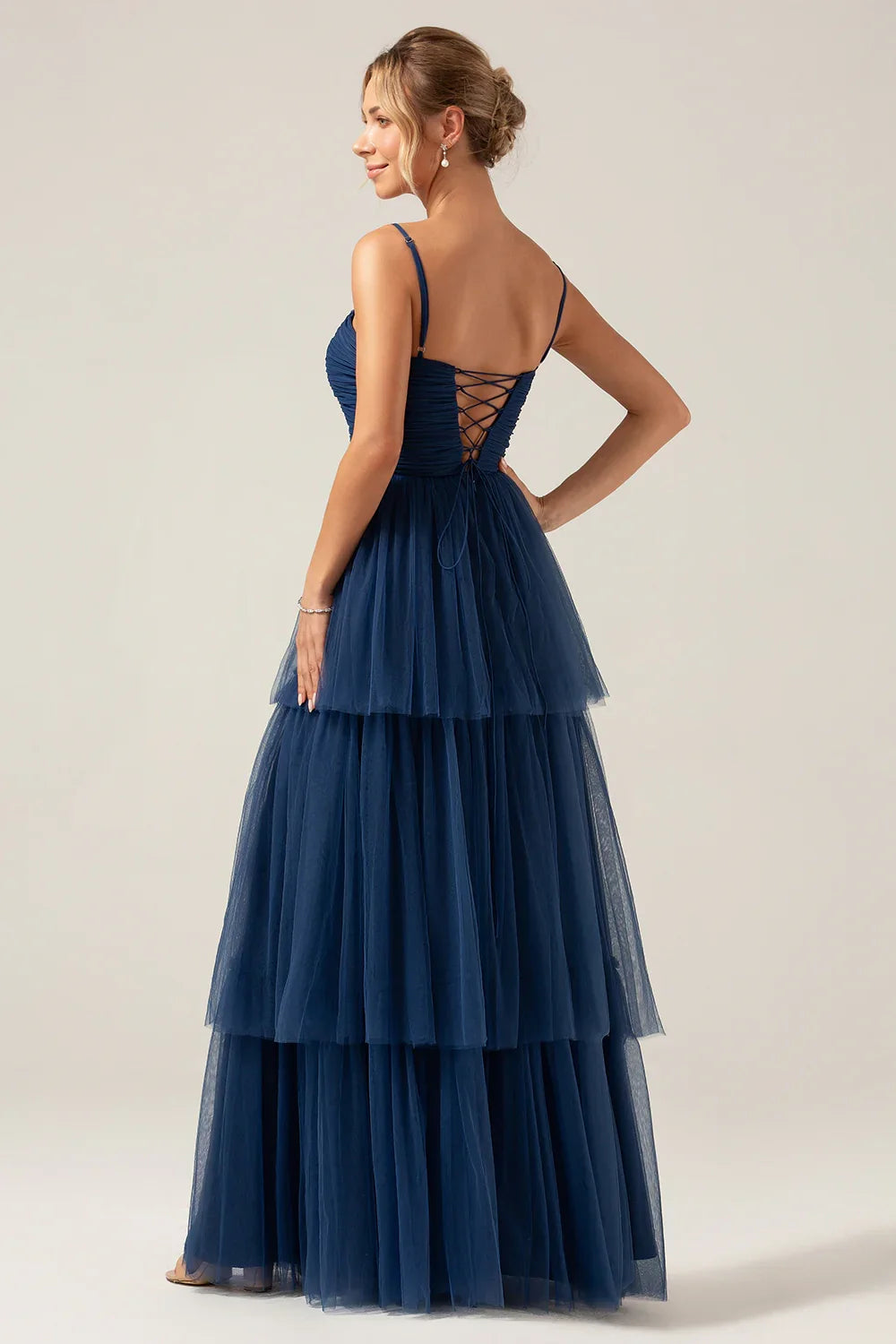 OKBBN fashion A-line thin shoulder strap sheer pleated long slit Bridesmaid Dresses