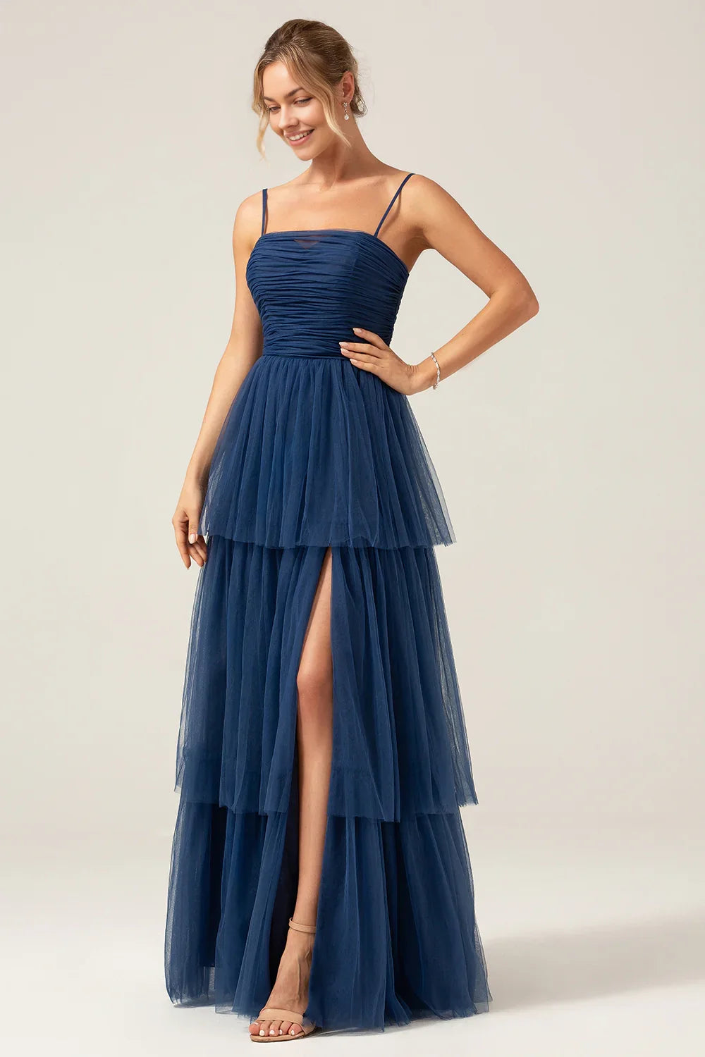 OKBBN fashion A-line thin shoulder strap sheer pleated long slit Bridesmaid Dresses