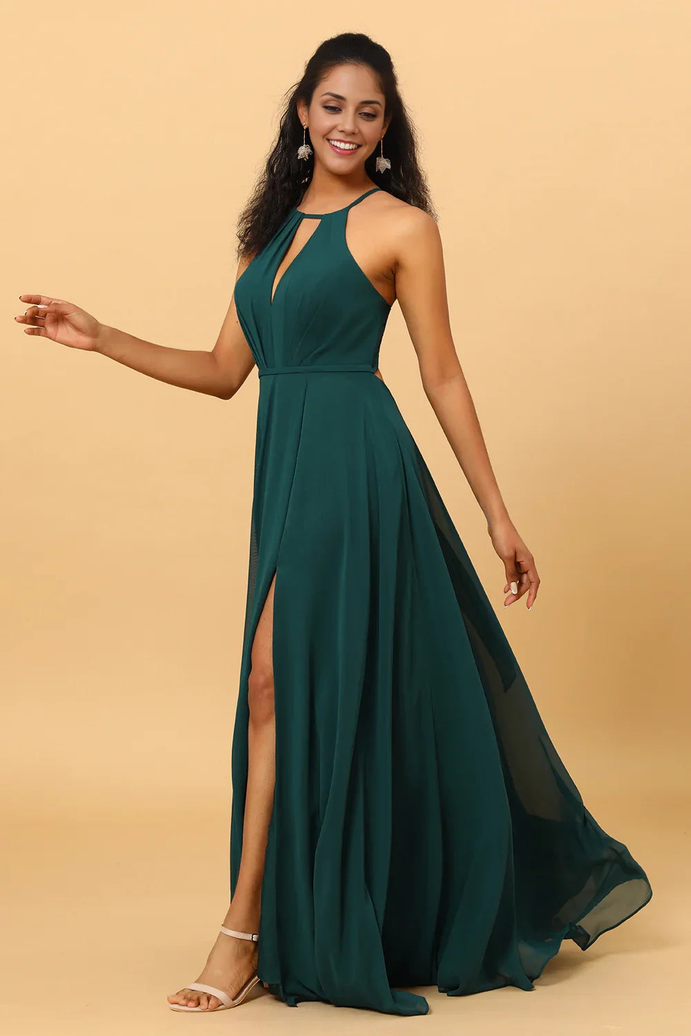 OKBBN flowing A-line backless sleeveless long slit chiffon Bridesmaid Dresses