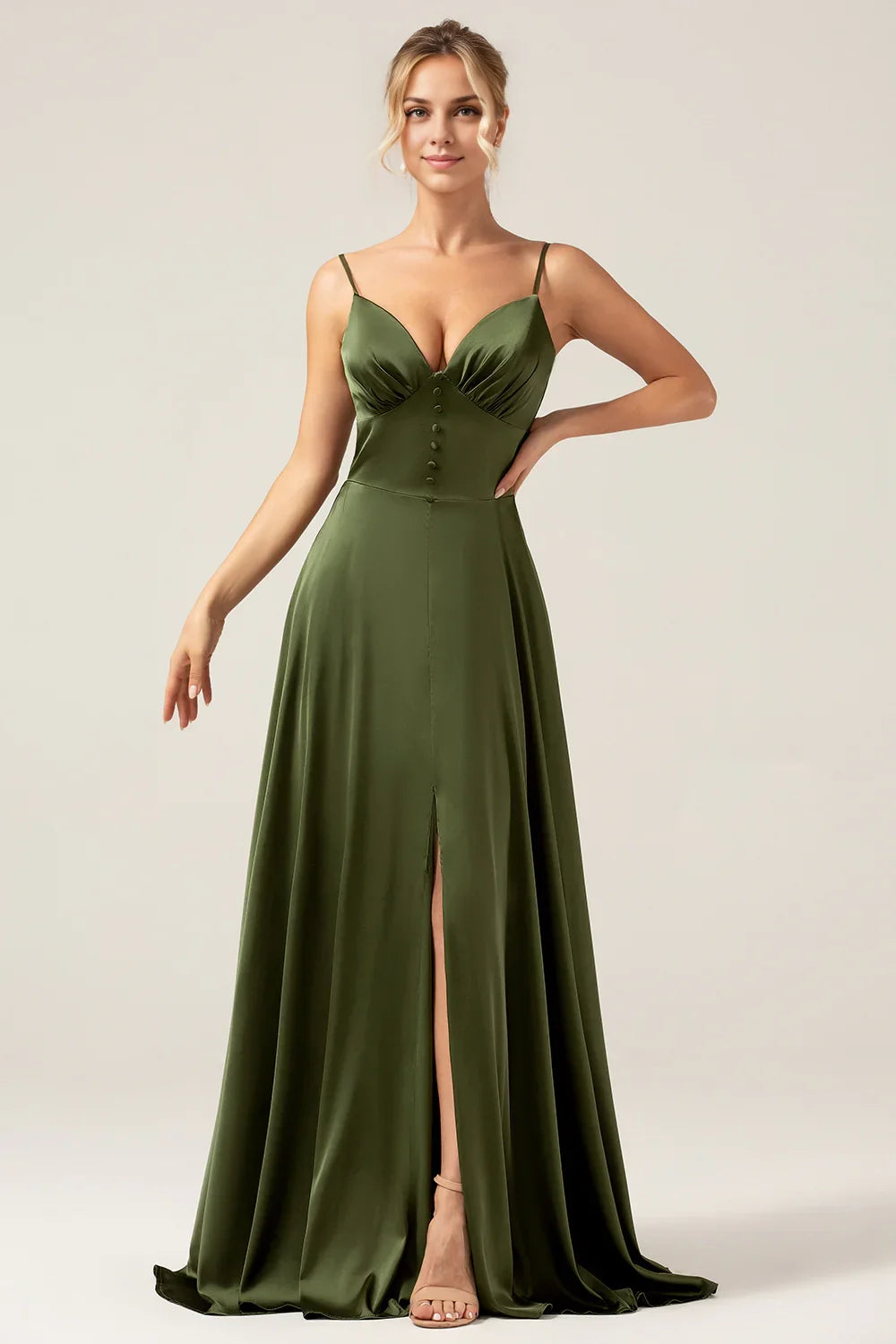 OKBBN flowing A-line thin shoulder strap with slit long Bridesmaid Dresses