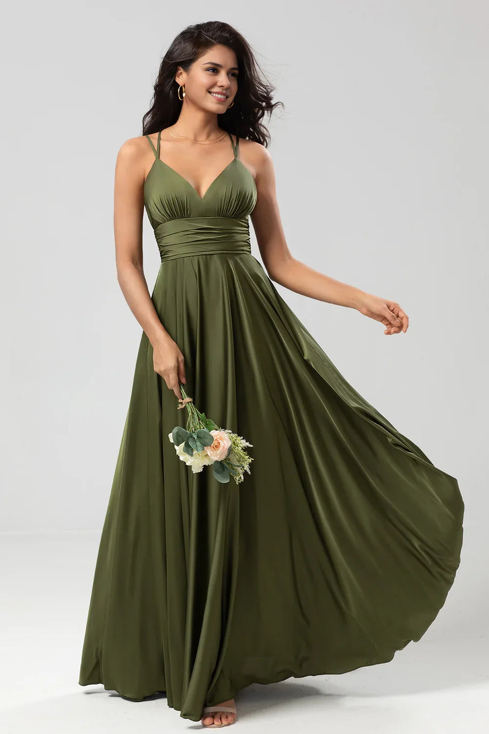 OKBBN flowing pleated A-line thin shoulder strap satin floor mopping Bridesmaid Dresses