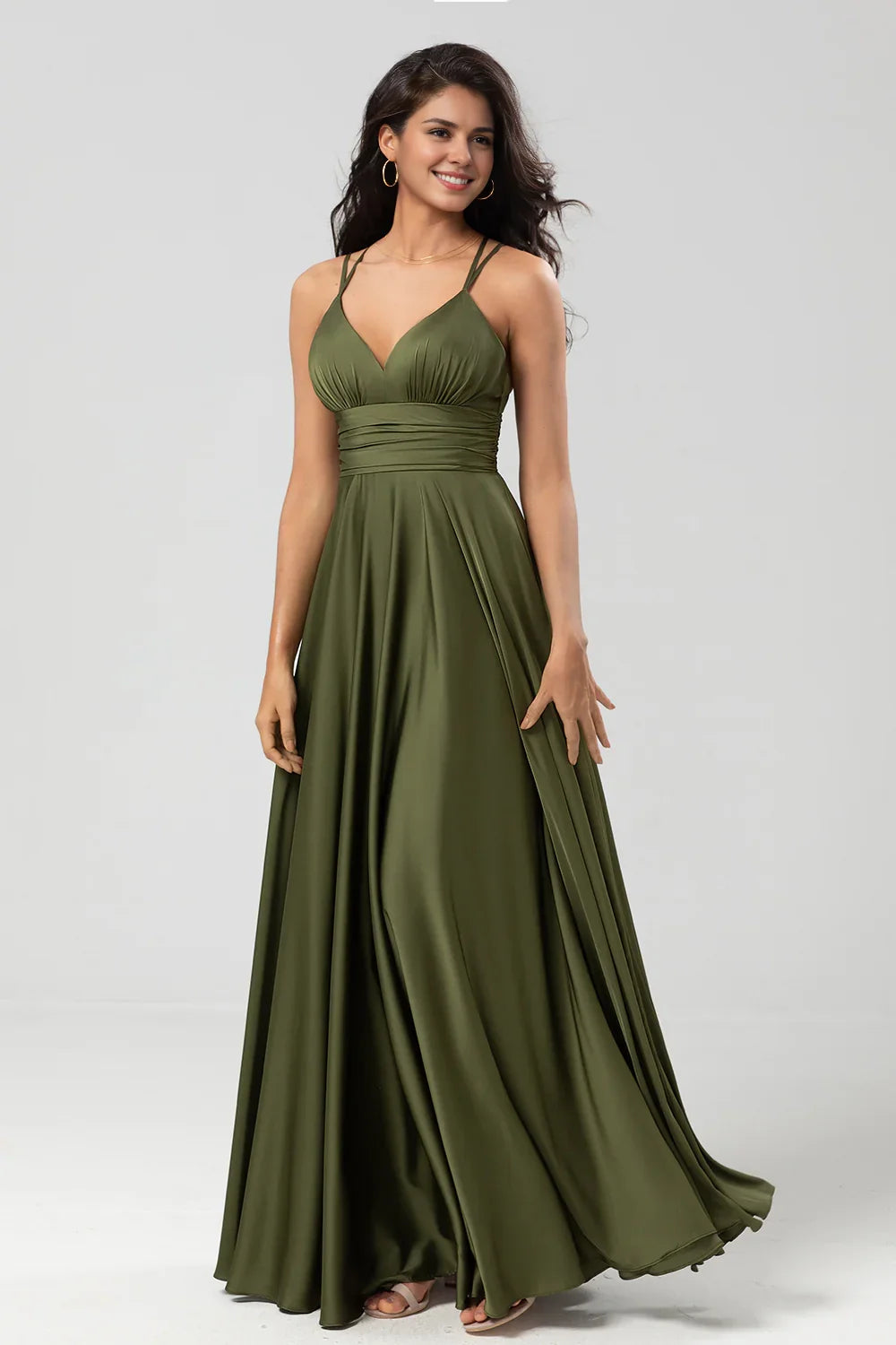 OKBBN flowing pleated A-line thin shoulder strap satin floor mopping Bridesmaid Dresses