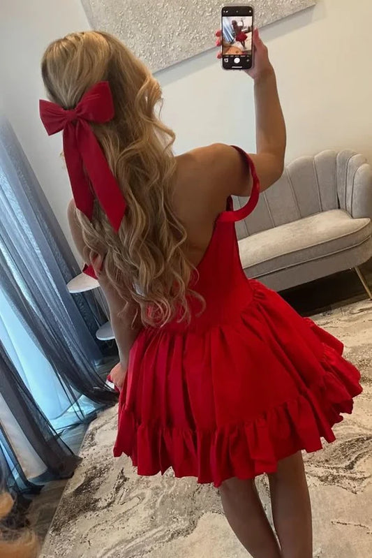 Off-Shoulder A-Line Empire-Waist Pleated Satin Short Homecoming Dress