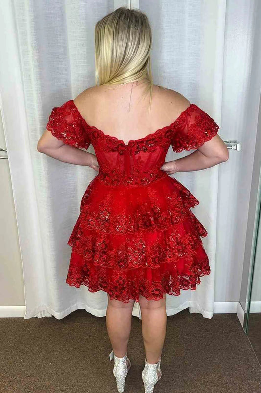 Off-Shoulder A-Line Sequins Appliques Tiered Short Homecoming Dress