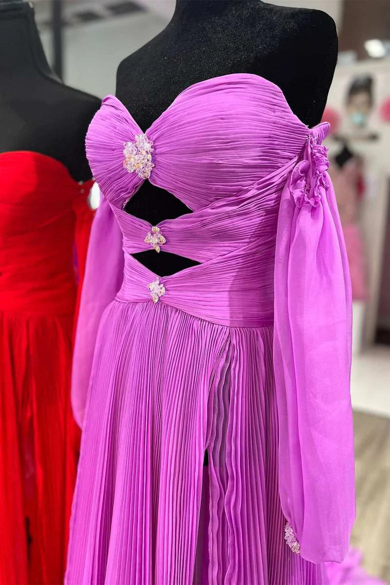 Off-Shoulder Beaded Strapless Cutout Long Prom Dress with Balloon Sleeves