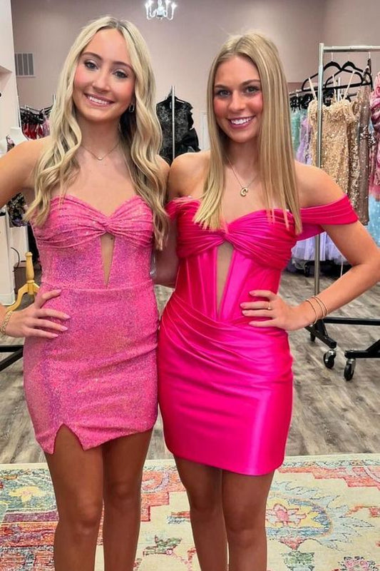 Off-Shoulder Keyhole Satin Bodycon Sleeveless Pleats Mini Homecoming Dress