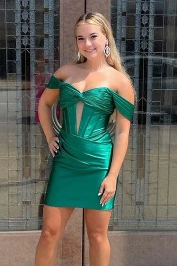 Off-Shoulder Keyhole Satin Bodycon Sleeveless Pleats Mini Homecoming Dress
