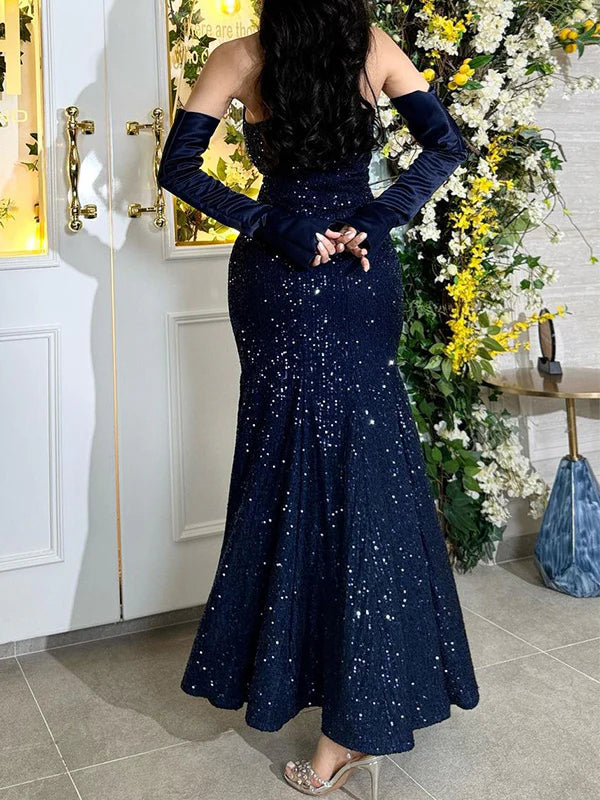 Off-Shoulder Sequin Mermaid Prom Dress with Satin Contrast, Detachable Long Gloves & Fitted Train Evening Gown