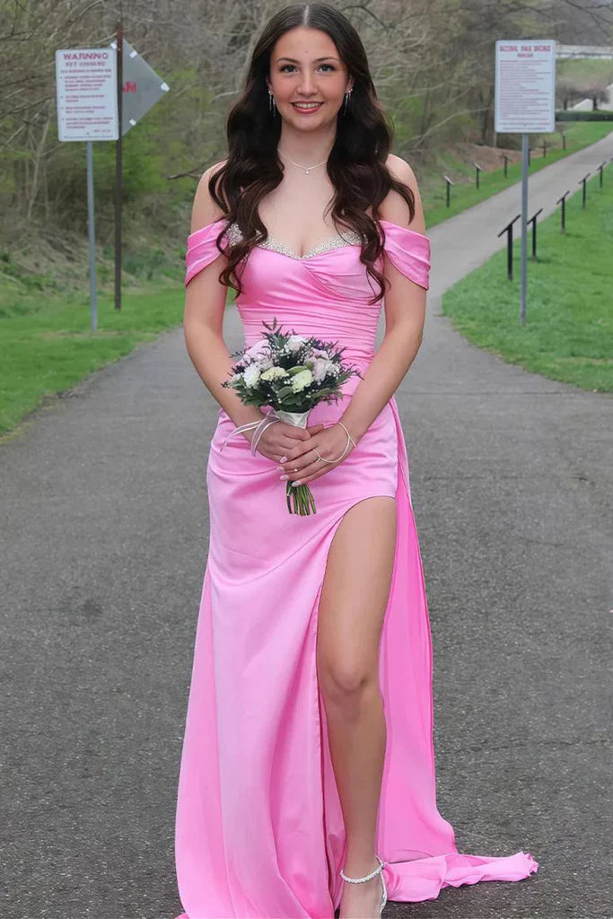 Off-The-Shoulder Beaded Ruched Lace-Up Back Satin Mermaid Slit Prom Dresses (Hot Pink)