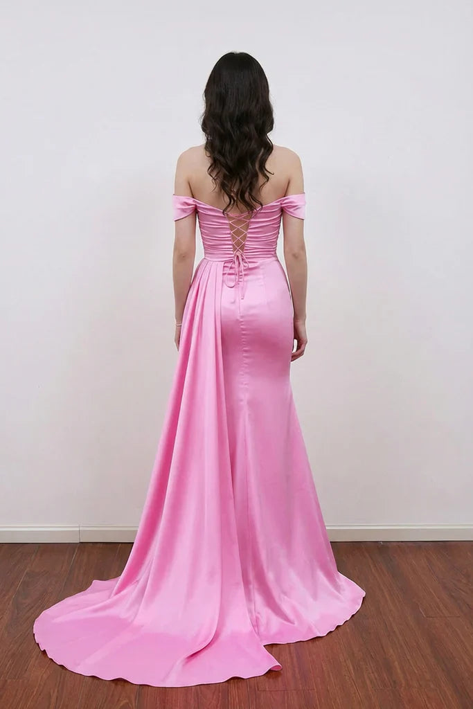 Off-The-Shoulder Beaded Ruched Lace-Up Back Satin Mermaid Slit Prom Dresses (Hot Pink)