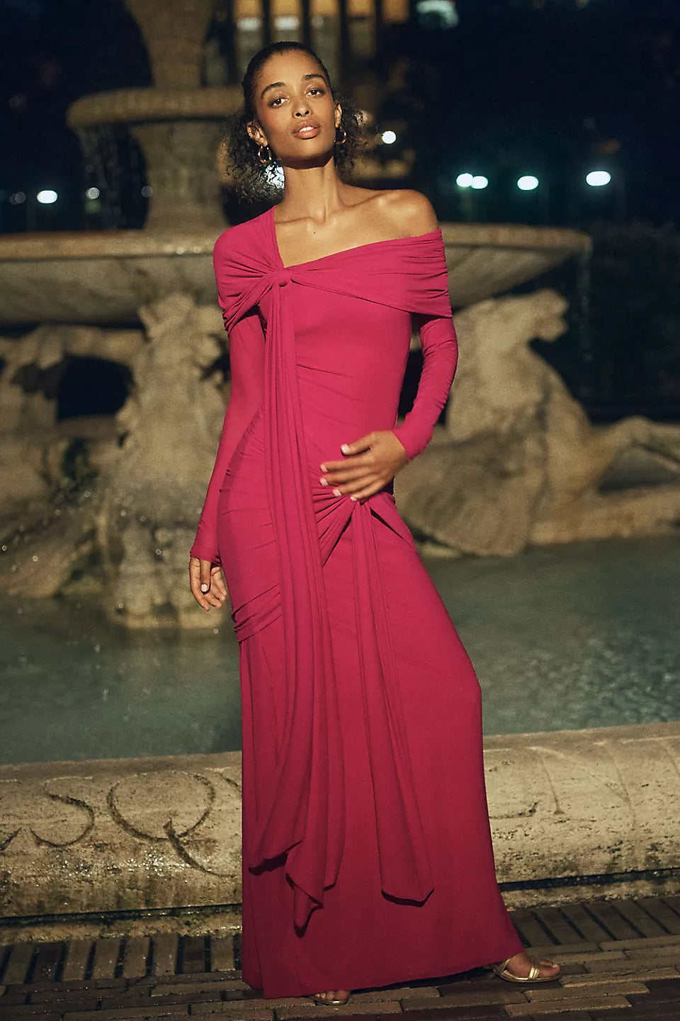 Off-the-Shoulder Draped Knit Ruched Maxi Evening Dress