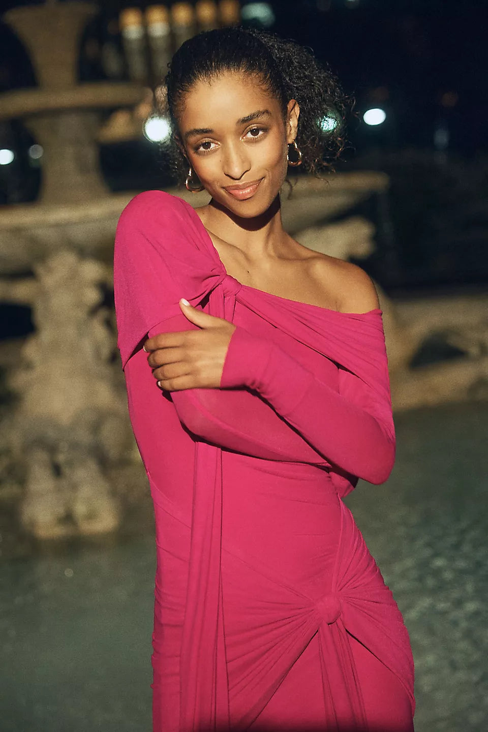 Off-the-Shoulder Draped Knit Ruched Maxi Evening Dress