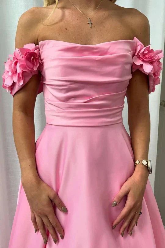 Off-the-Shoulder Hot Pink Satin Ball Gown with 3D Floral AppliquÃ©s and Pockets