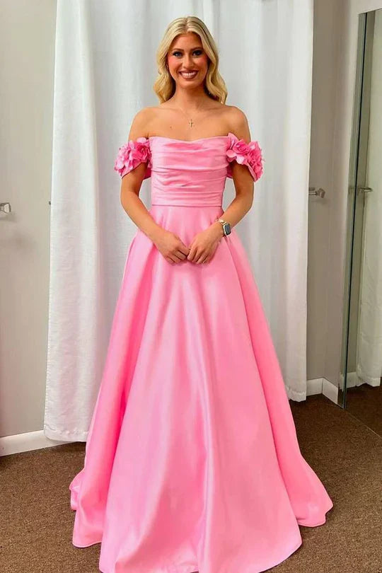 Off-the-Shoulder Hot Pink Satin Ball Gown with 3D Floral AppliquÃ©s and Pockets