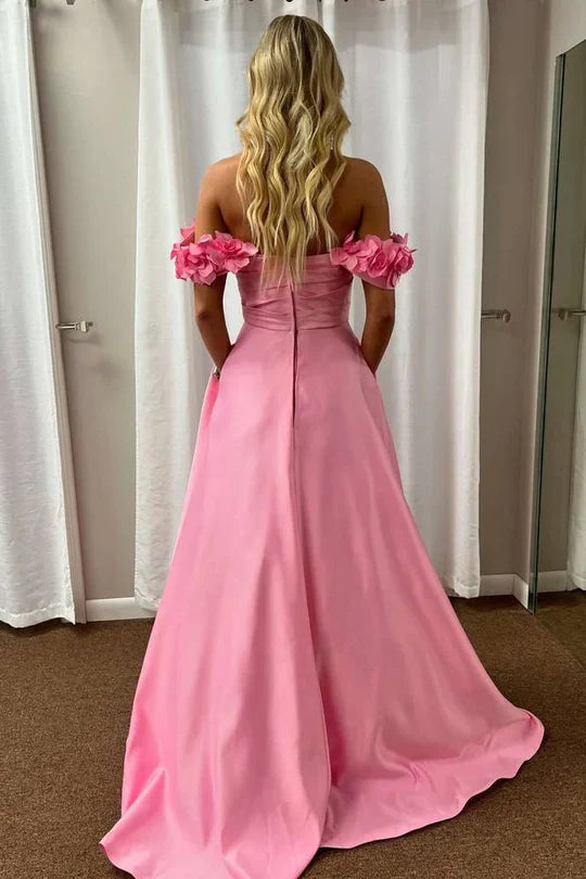 Off-the-Shoulder Hot Pink Satin Ball Gown with 3D Floral AppliquÃ©s and Pockets
