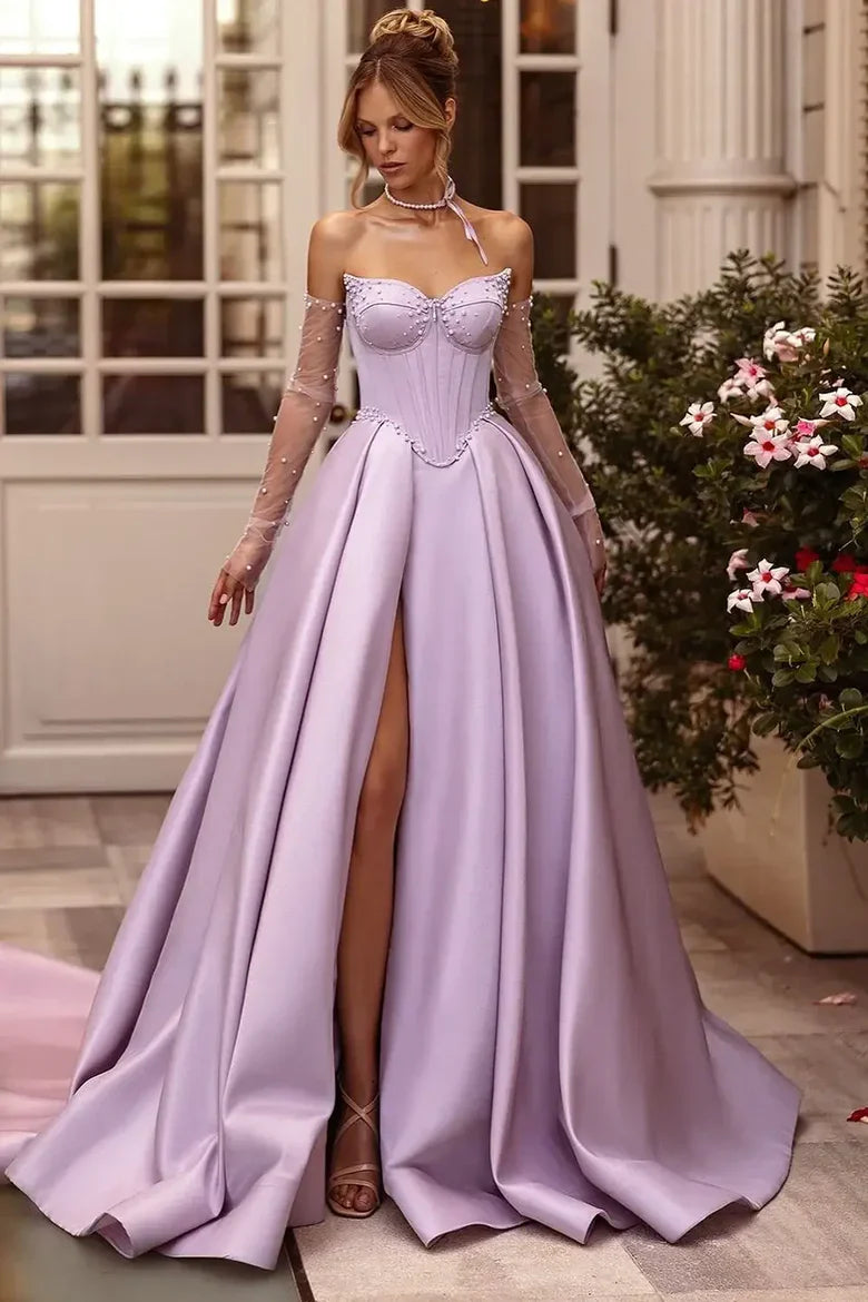 Off-the-Shoulder Lavender Satin Ball Gown with Pearl Detailing and Detachable Tulle Sleeves