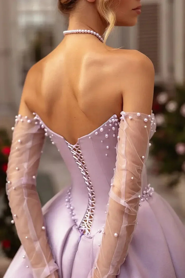 Off-the-Shoulder Lavender Satin Ball Gown with Pearl Detailing and Detachable Tulle Sleeves