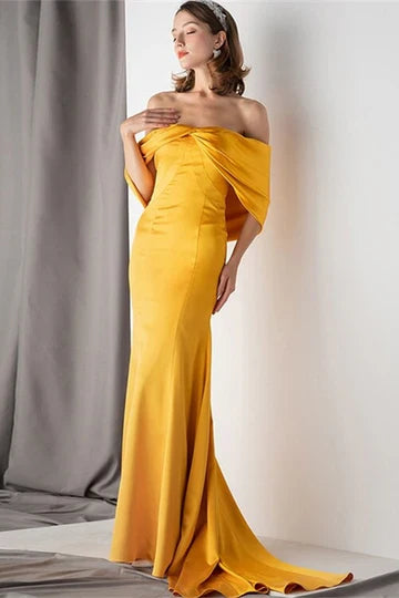 Off-the-Shoulder Mustard Yellow Satin Mermaid Prom Dress with Draped Sleeves