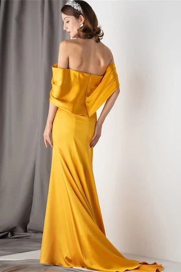 Off-the-Shoulder Mustard Yellow Satin Mermaid Prom Dress with Draped Sleeves