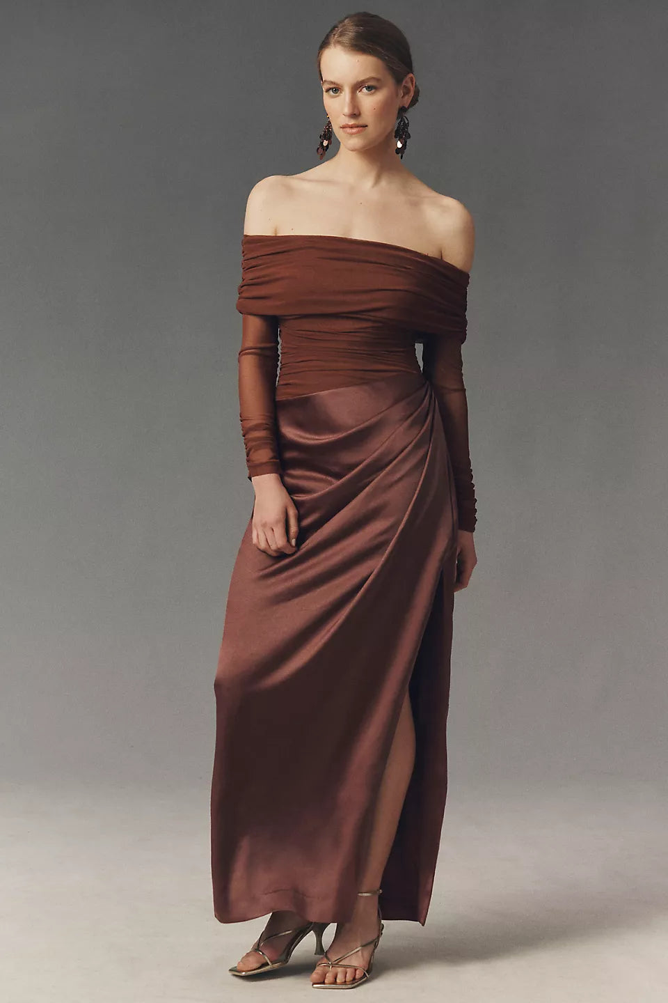 Off-the-Shoulder Ruched Mesh Sleeve Satin Maxi Evening Dress