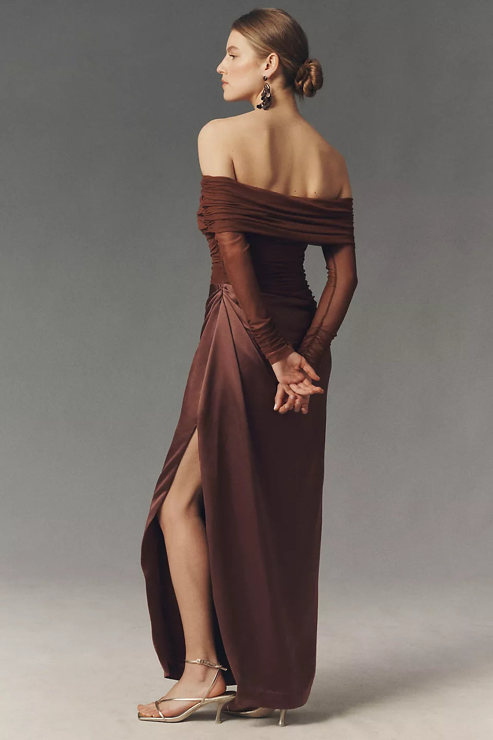 Off-the-Shoulder Ruched Mesh Sleeve Satin Maxi Evening Dress