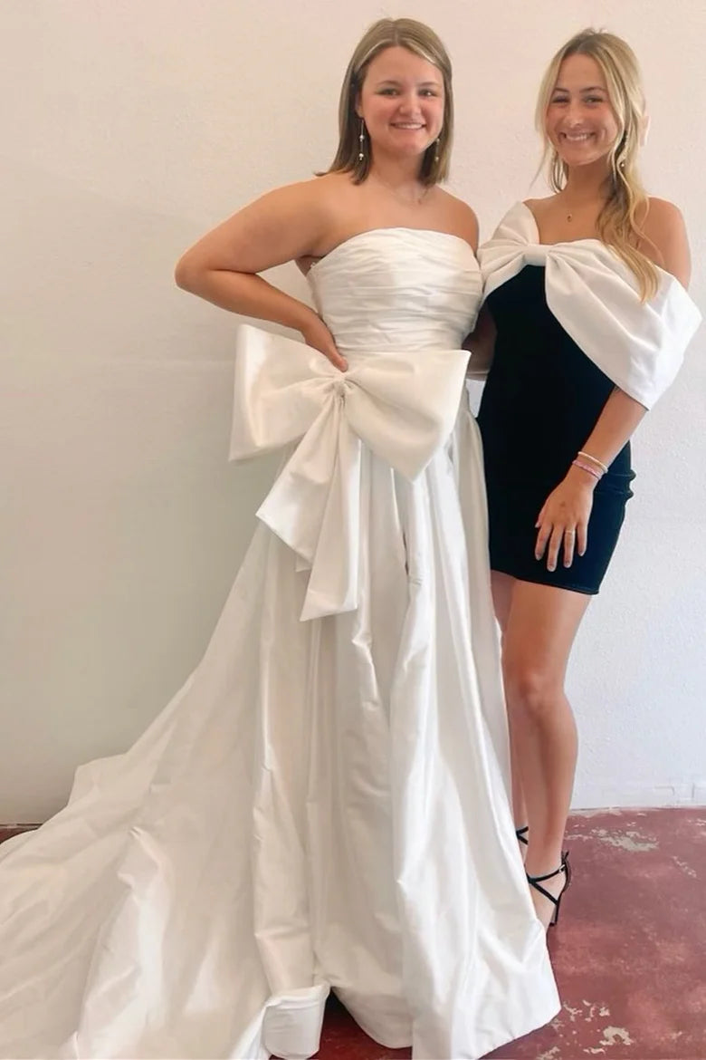 Off-the-Shoulder Satin Short Homecoming Dress with Bow