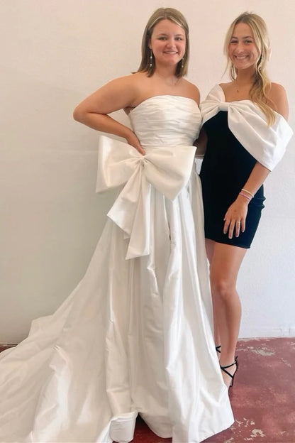 Off-the-Shoulder Satin Short Homecoming Dress with Bow