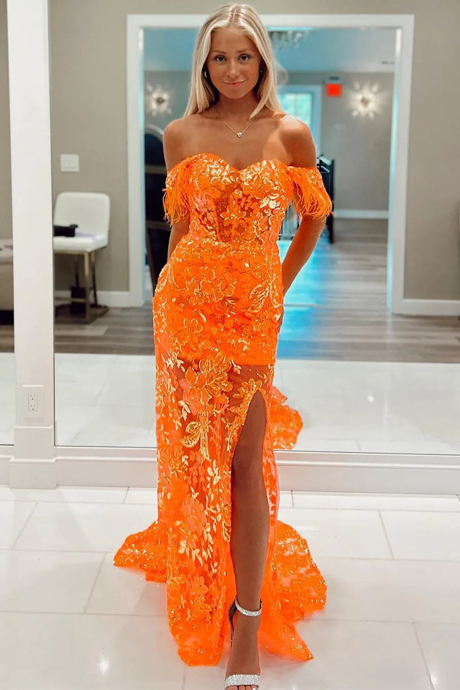 Off-the-Shoulder Sequin Applique Mermaid Long Dress with Slit