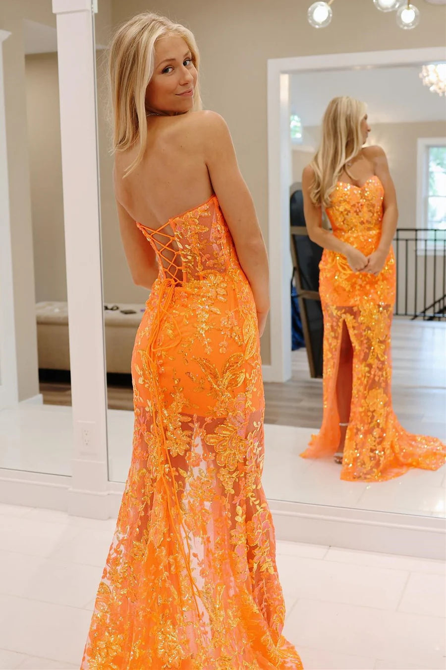 Off-the-Shoulder Sequin Applique Mermaid Long Dress with Slit
