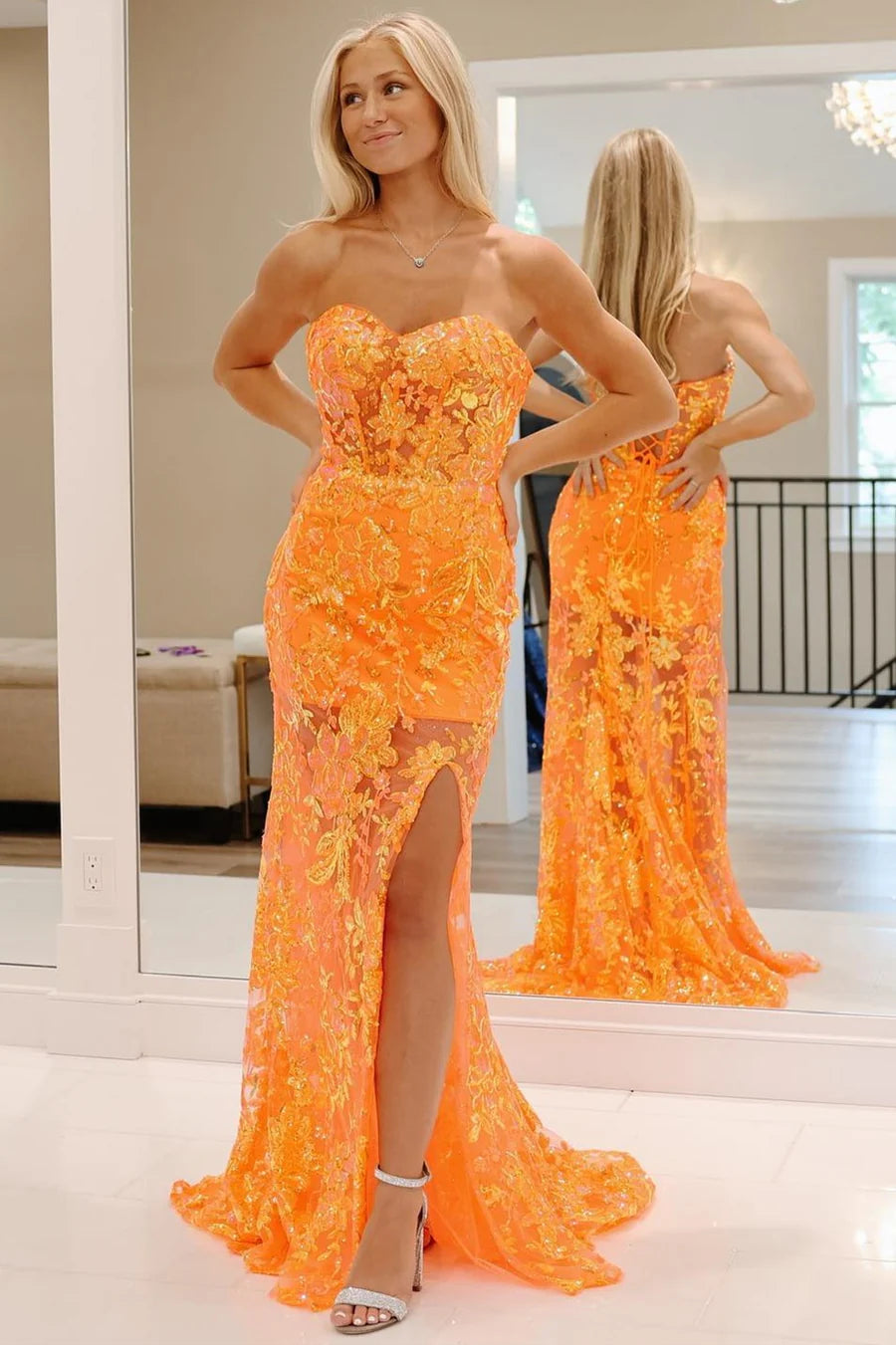 Off-the-Shoulder Sequin Applique Mermaid Long Dress with Slit